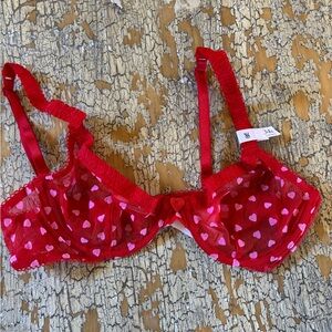 Victoria’s Secret Red Pink Heart Mesh Bra 34B Unlined Underwire Y2K Lingerie
